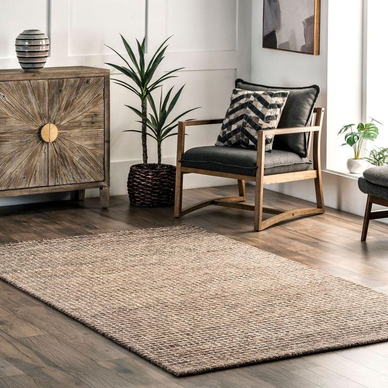 Area Rug: Large Scale Checkers, Mottled Wool Texture, Earthy Brown.