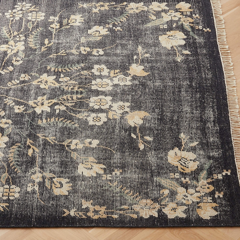 Area Rug Large Scale Florals Black Hand-Knotted Wool Modern Traditional