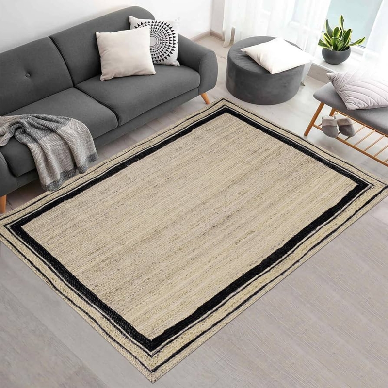 Area Rug Large Scale Geometric Pattern Black And Beige Dhurrie Rug