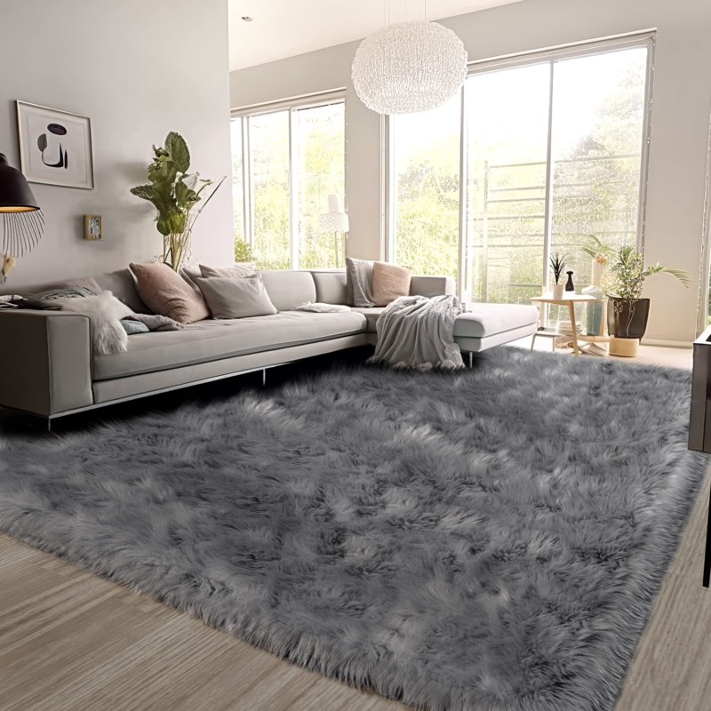 Area Rug Large Scale Grey Shaggy Faux Fur Plush Cozy Bedroom Decor