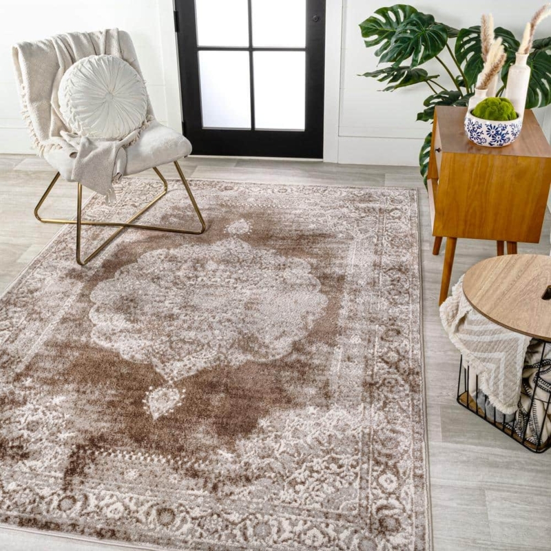 Area Rug Large Scale Medallion Pattern Cottage Style Cream Neutral Tone Living