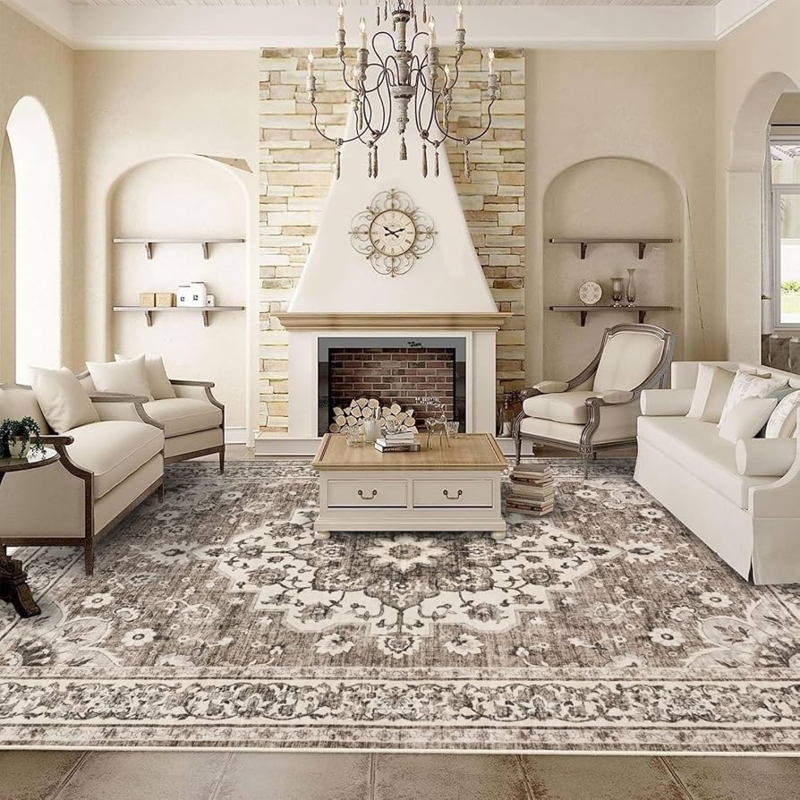 Area Rug Large Scale Monochromatic Beige Distressed Oriental Pattern