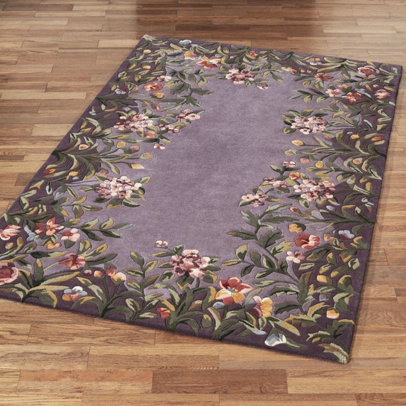 Area Rug Lavender Floral Pattern, Scrolling Vine Border, Traditional Persian Aesthetic
