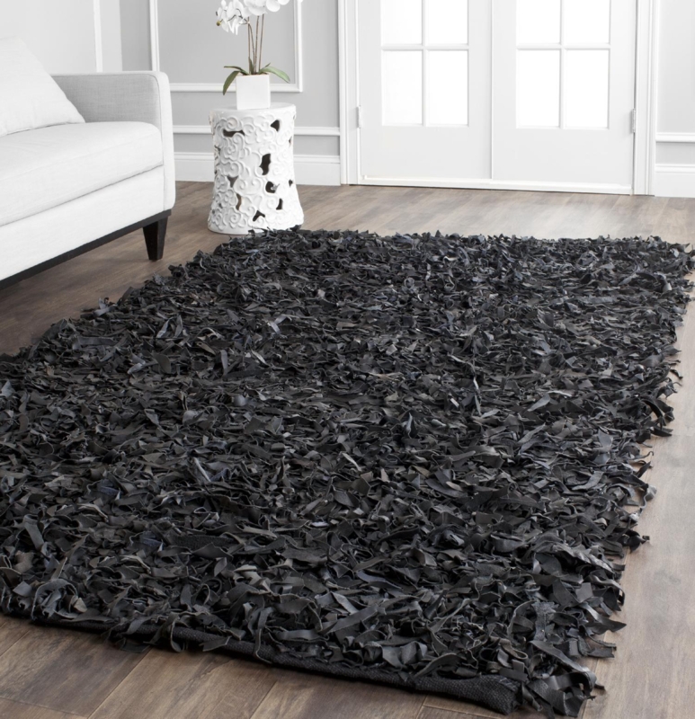 Area Rug Leather Shag Texture Black High Pile Monochromatic Style