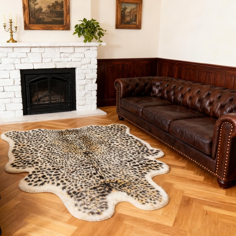 Area Rug Leopard Print Faux Hide Scalloped Edges Eclectic Glam Decor