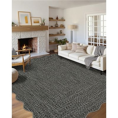 Area Rug Light Blue Scalloped Edge Low Pile Playful Nursery Decor