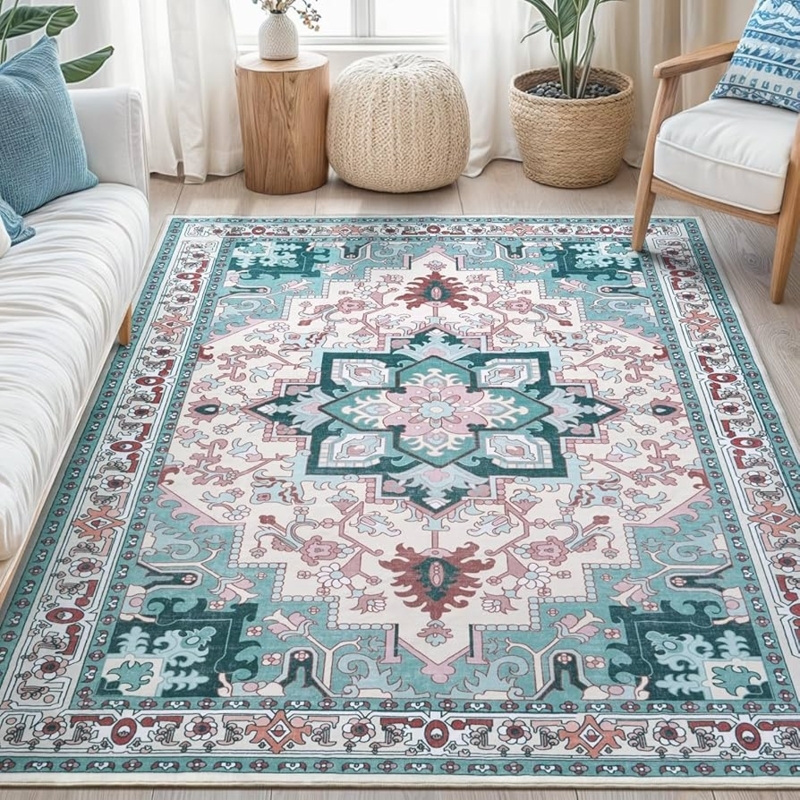 Area Rug Light Blue Vintage Floral Medallion Distressed Washable