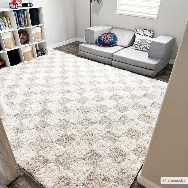 Area Rug: Light Brown And Cream Low Pile Modern Farmhouse Grid Design