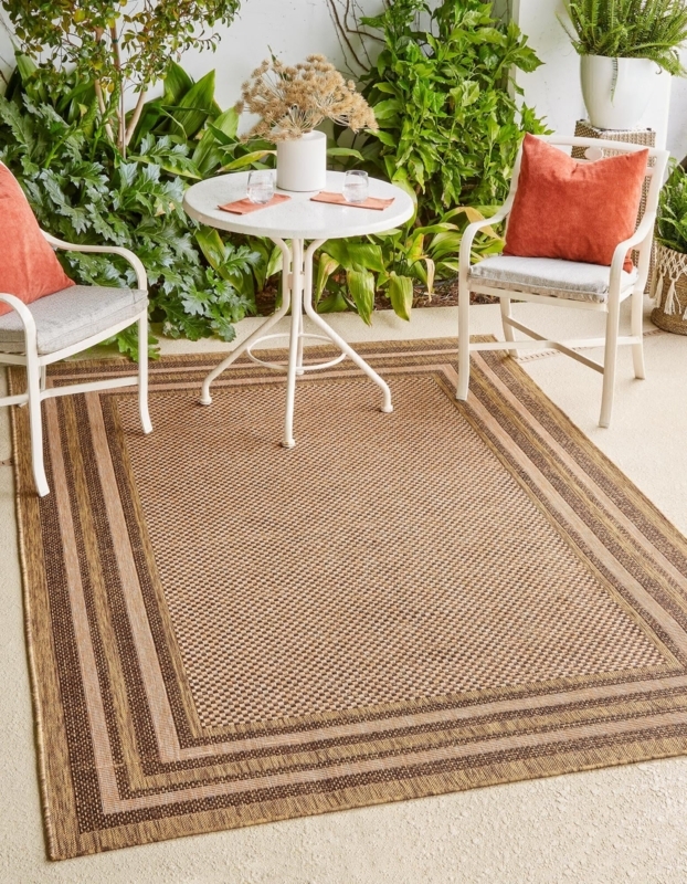 Area Rug Light Brown Flat Weave With Dark Border Outdoor Safe