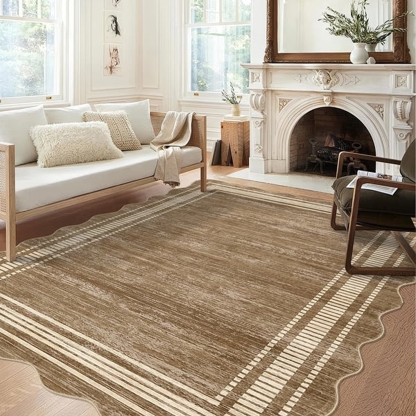 Area Rug: Light Gray Scalloped Edge Low Pile Washable Modern Design