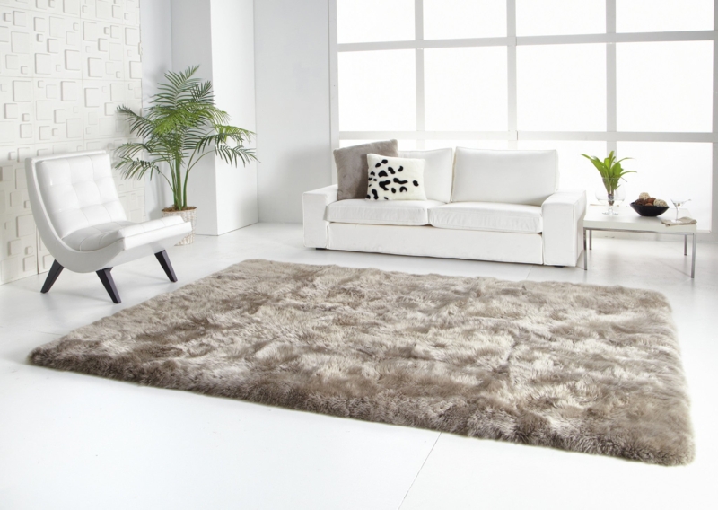 Area Rug: Light Grey Sheepskin with Modern Straight Edge