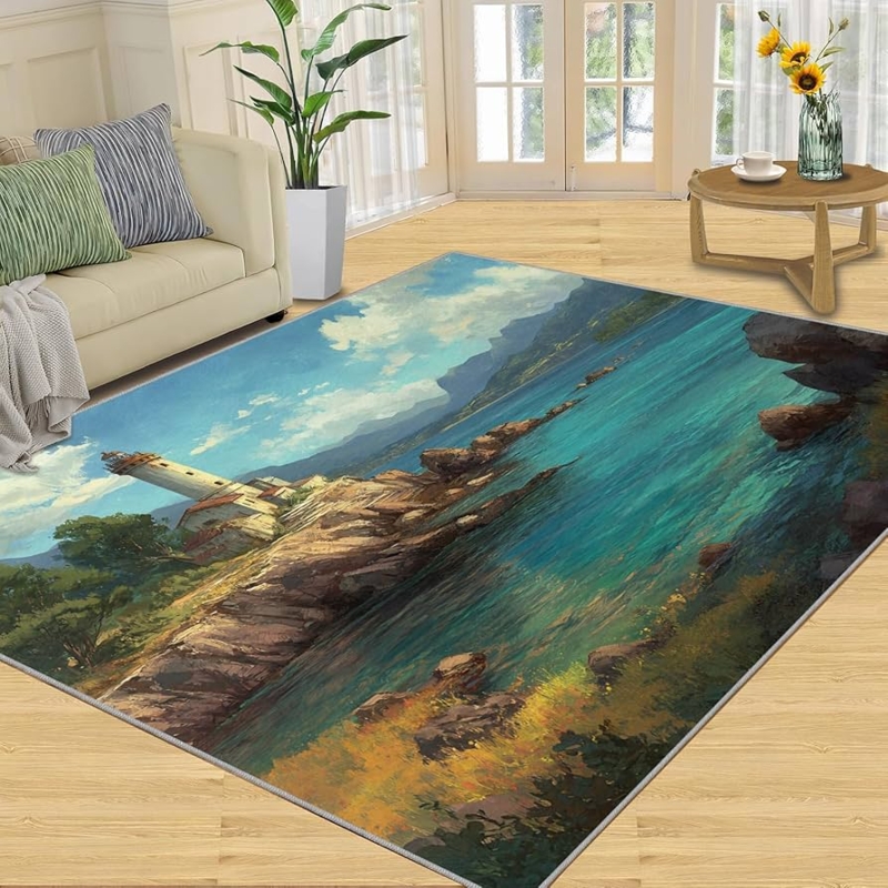 Area Rug Lighthouse Graphic Ocean Coastal Navy Bordered