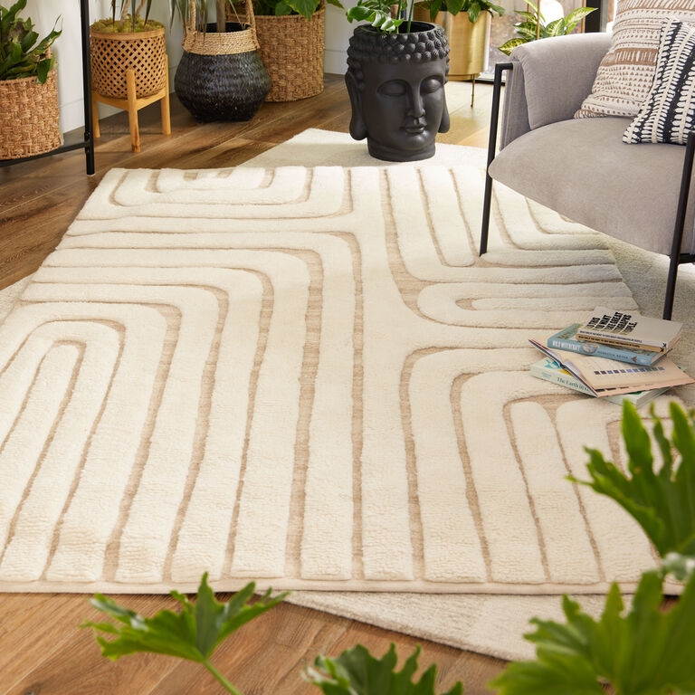 Area Rug Linear Geometric Design Undyed Ivory Base Scandinavian Airy.
