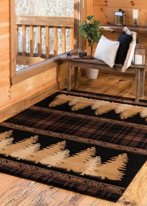Area Rug Lodge Style Pine Cone Pattern Deer Motif Nature Themed