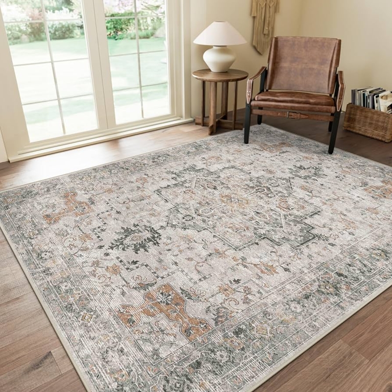 Area Rug, Low Pile Chenille Print, Muted Earthy Tones, Modern Traditional