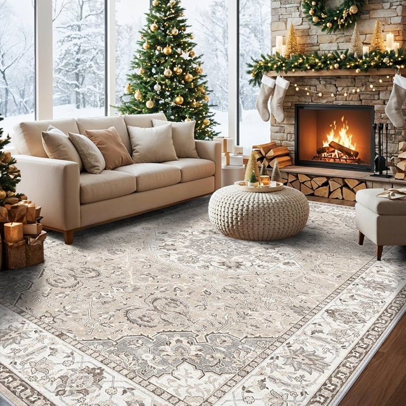 Area Rug Low Pile Distressed Medallion Blue Cream Transitional