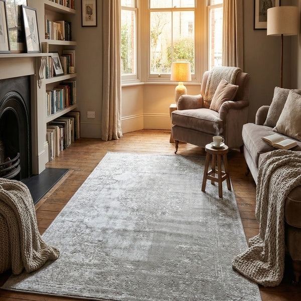 Area Rug Lustrous Sheen Linear Ribbed Texture Light Gray Airy Decor