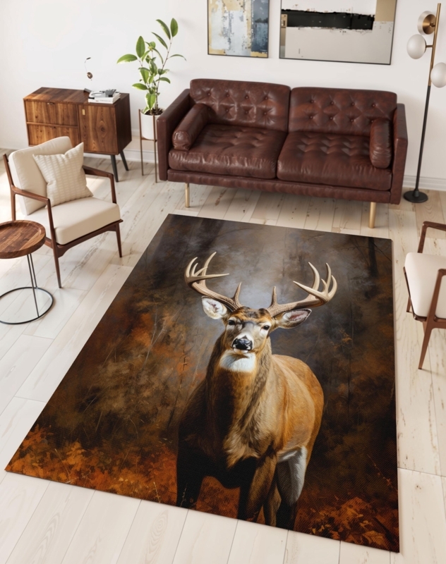 Area Rug Majestic Buck Deer Motif Pine Border Detail Lodge