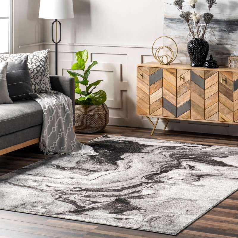 Area Rug Marble Pattern Fluid Lines, Grey & White Minimalist
