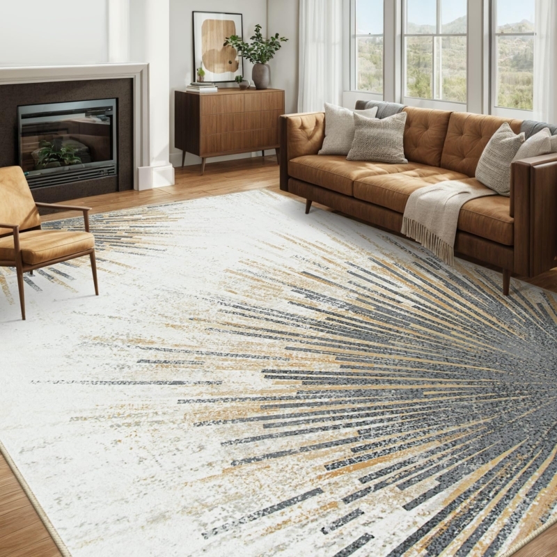 Area Rug Marble Print Ultra Thin Gold Gray