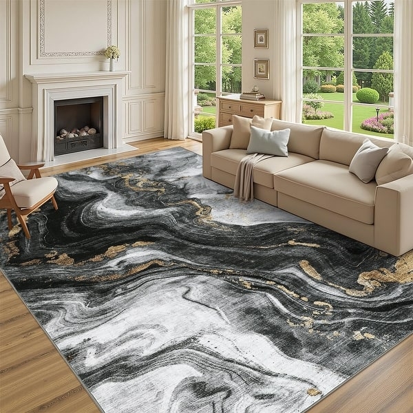 Area Rug Marble Swirl Pattern Cream, Gold Highlights Modern