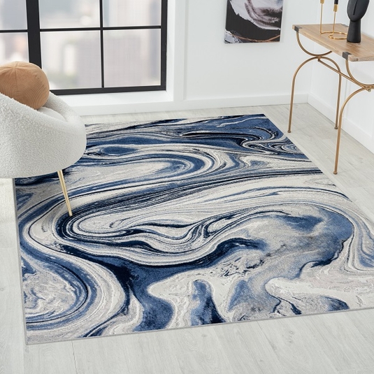 Area Rug Marble Swirl Pattern Modern Blue And White
