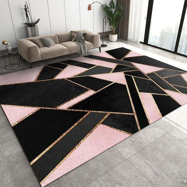 Area Rug Marble Texture Gold Linework Glam Geometric Pattern