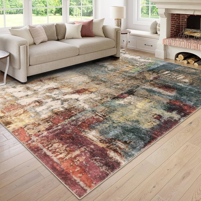 Area Rug Marbled Pattern Red & Gray, Contemporary Living Room