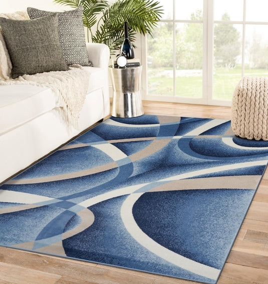 Area Rug Marbleized Pattern Navy Gold Palette Mid Century Modern.