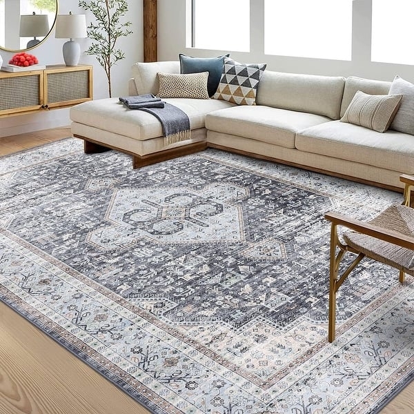 Area Rug Medallion Design Navy Blue Classic Traditional Washable