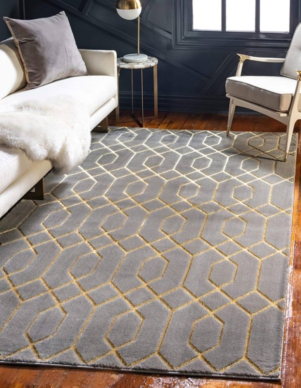 Area Rug Metallic Gold Trellis Geometric Gray Shimmering Rug