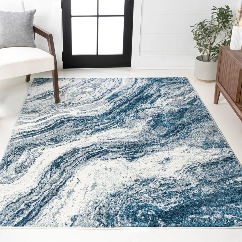 Area Rug Metallic Gold Veining Grey Cream Marble Pattern Living Room