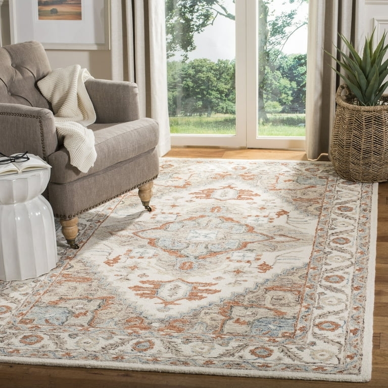 Area Rug Micro Loop Texture Traditional Rust Ivory Botanical Border