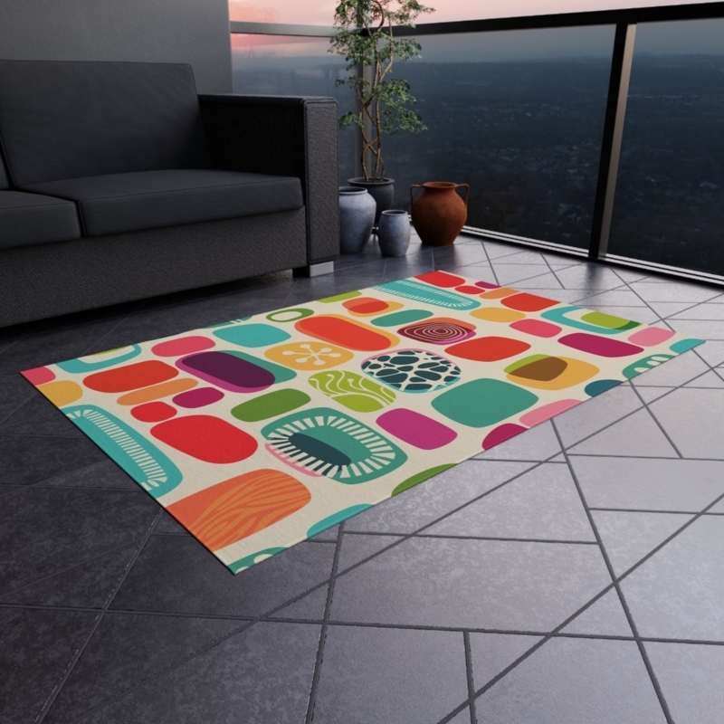 Area Rug Mid Century Modern Abstract Amoeba Low Pile Outdoor Orange Aqua