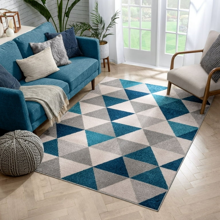 Area Rug Mid Century Modern Blue Overlapping Geometric Motifs