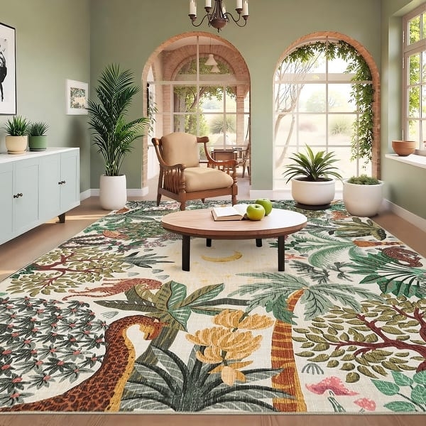Area Rug Midnight Blue Ground Illustrative Jungle Animal Design