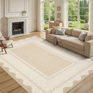 Area Rug Minimalist Cream Black Double Border Motif Low Profile