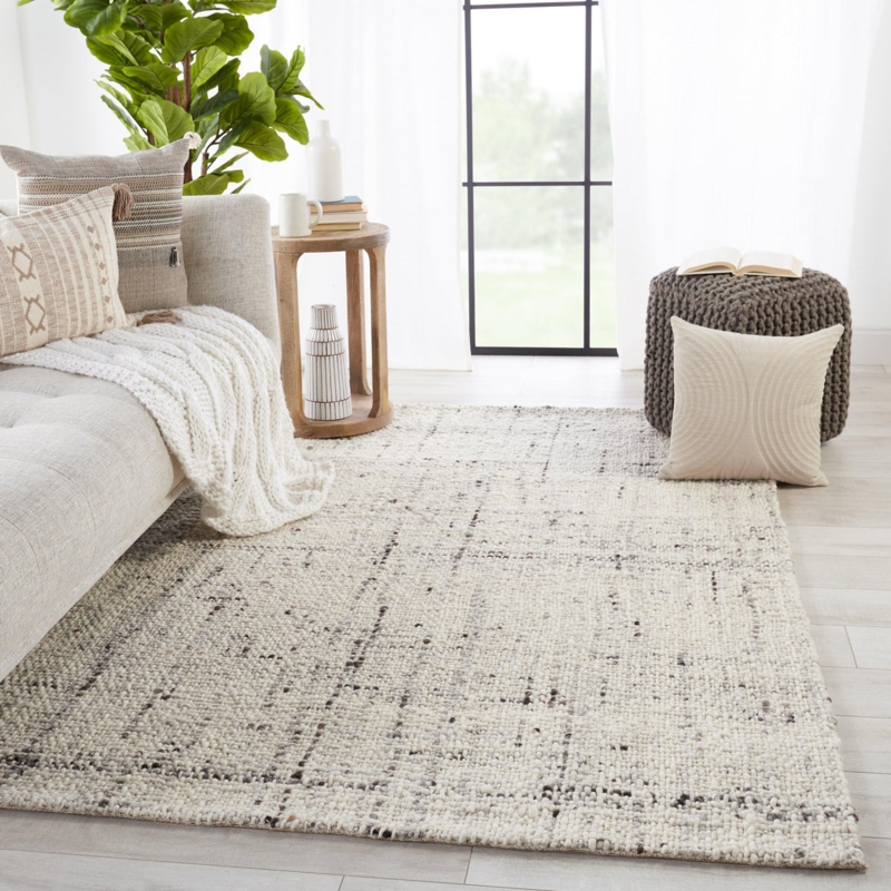 Area Rug Minimalist Ivory Low Relief Grid Texture Woven