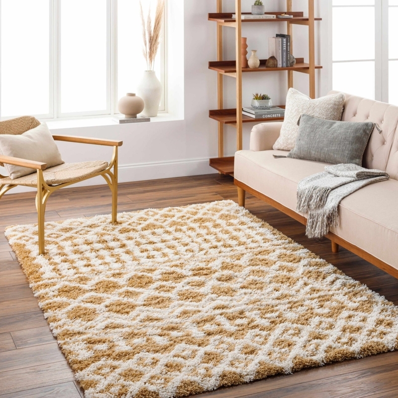 Area Rug Minimalist Linear Pattern High Pile Cozy Cream Shag Area Rug