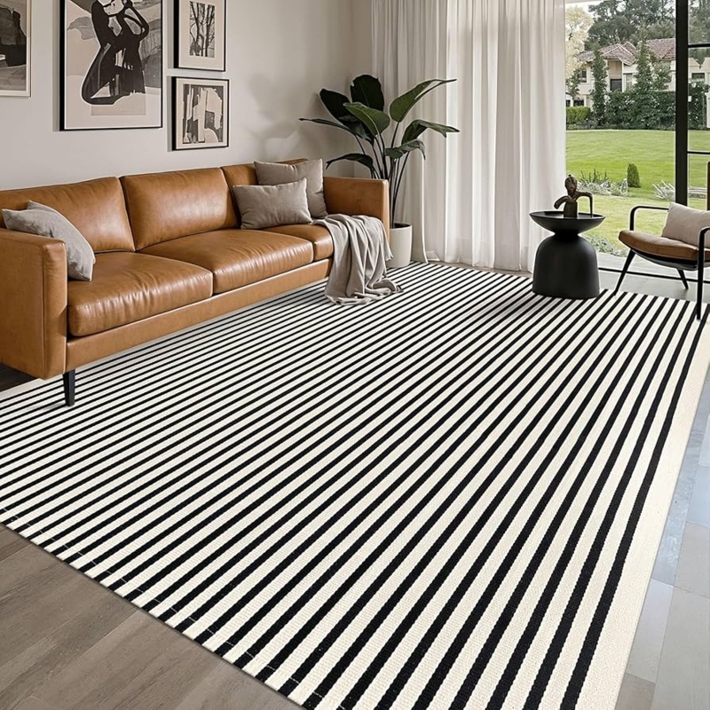 Area Rug Minimalist Outdoor Flatweave Beige Black Patio
