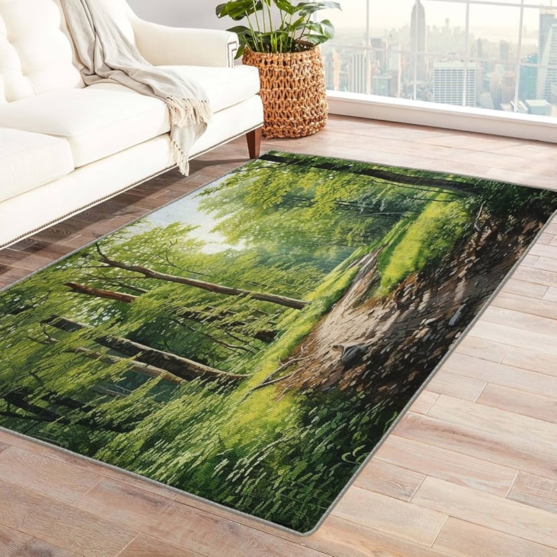 Area Rug Misty Forest Landscape Print Biophilic Green Grey