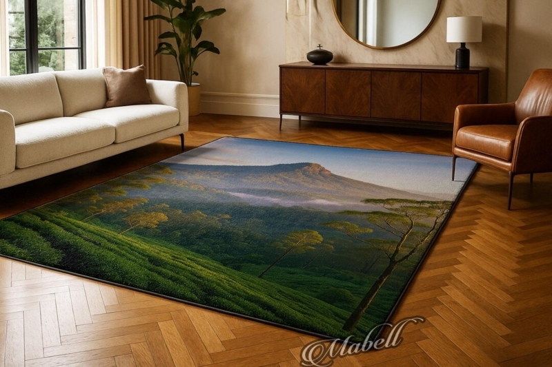 Area Rug Misty Green Hills Landscape Biophilic Serene