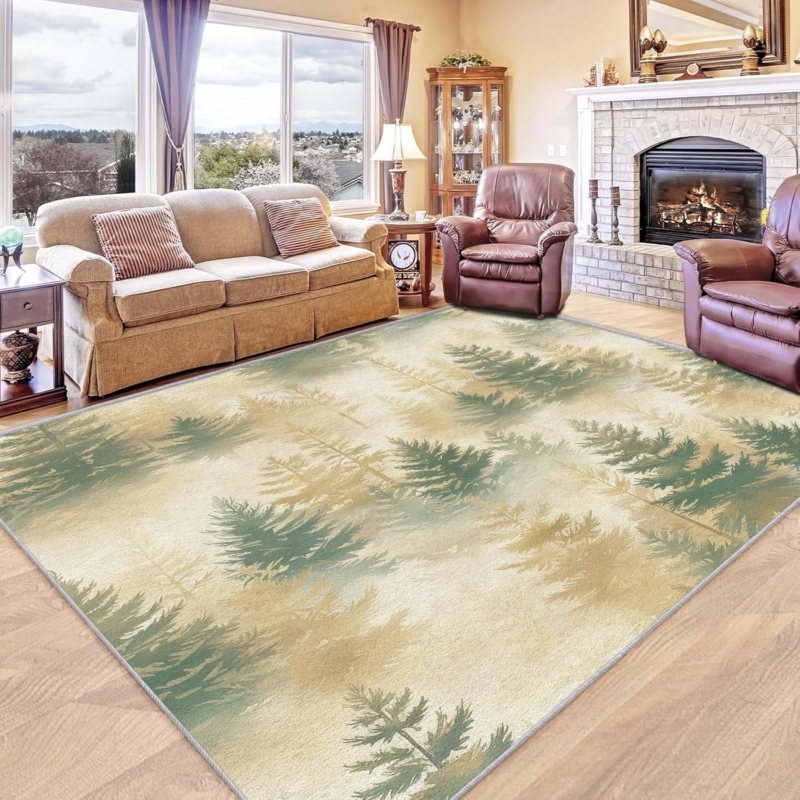 Area Rug Misty Pine Forest Photorealistic Biophilic Green