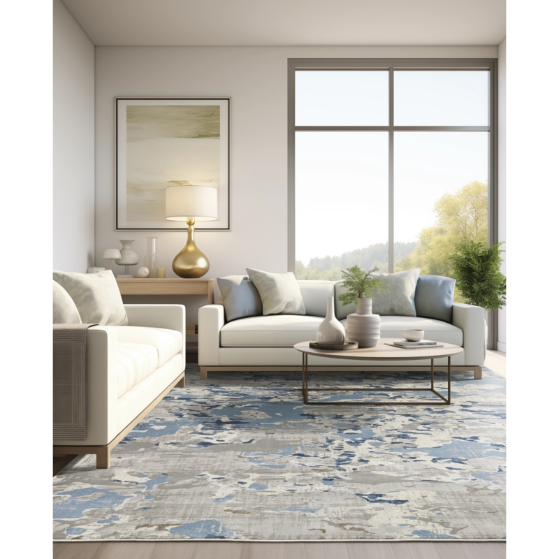 Area Rug Mixed Pile Depth Marbled Pattern Grey Blue Textured High Low Pile