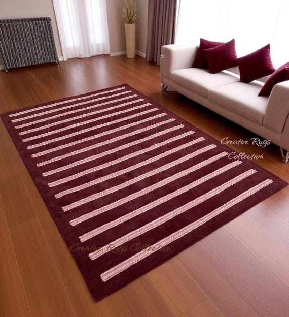 Area Rug Modern Asymmetric Stripes Wool Like Plush Pile Geometric