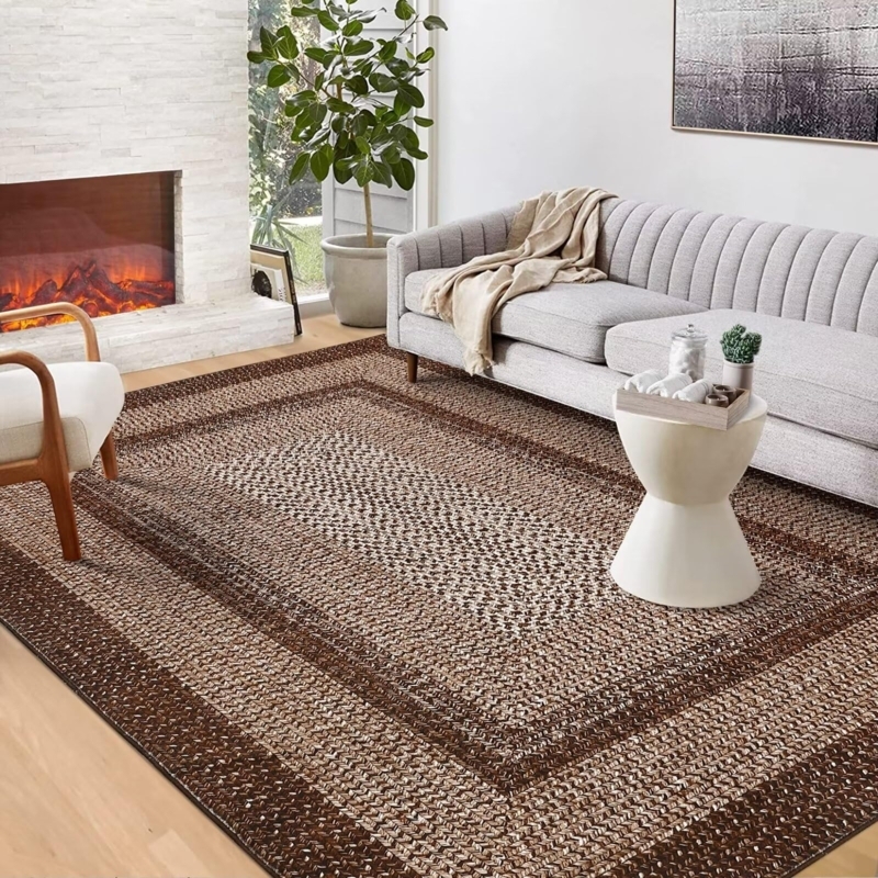 Area Rug Modern Braided Print Dark Border Beige Brown Washable Look