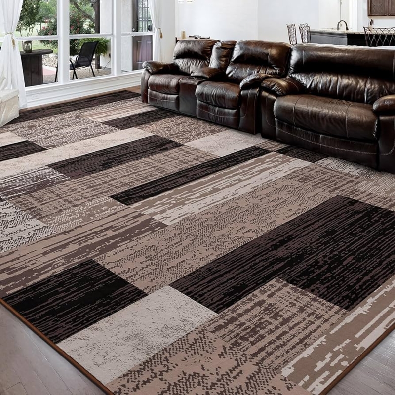 Area Rug Modern Geometric Asymmetric Patchwork Chocolate Teal