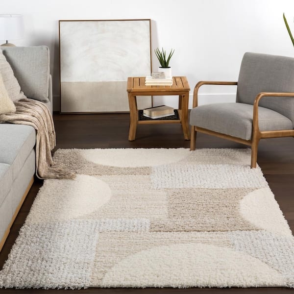 Area Rug Modern Geometric Pattern Neutral Beige Base Large Format.