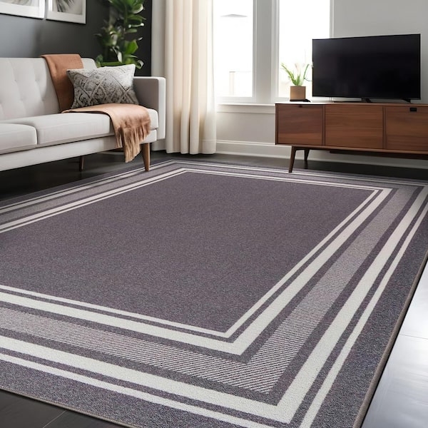 Area Rug, Modern Gray with Dual Tone Border, Low Profile Pile