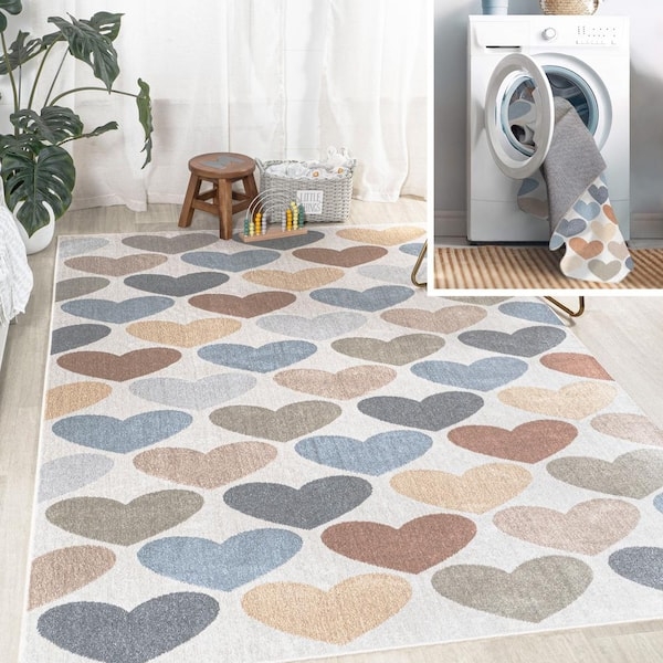 Area Rug Modern Heart Pattern Geometric Motif Machine Washable Look